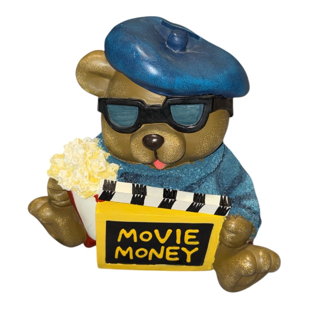 Bear Coin Piggy Bank Wearing Blue Beret & Sweater with Popcorn